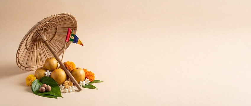 Traditional Assamese Bihu festival arrangement with a Jaapi hat, fruits, and flowers on a plain background.
