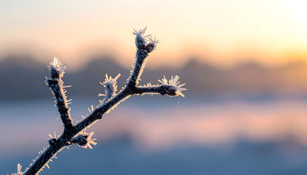 Branch covered in frost against a pale winter sky during sunrise creating a minimal calm peaceful meditative zen macro photograph generative AI