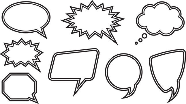 Speech bubbles, comic book text frames, chat boxes, dialogue icons, vector set