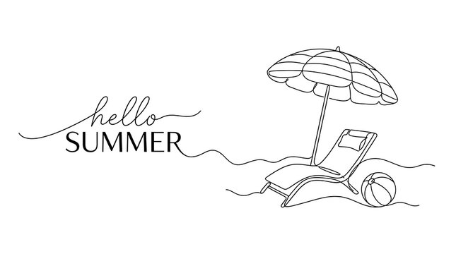 Hello summer continuous line art illustration with beach chair umbrella and ball umbrella vacation minimalist typography