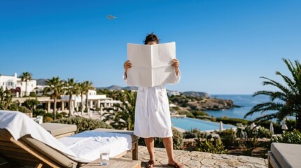 Obraz premium Adult person in white bathrobe reading large newspaper on sunlit resort terrace overlooking sea and pool, relaxed vacation scene with palm trees, clear blue sky and distant coastline.