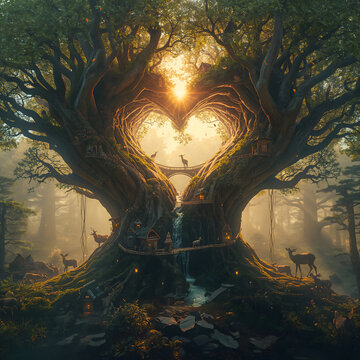 Tree heart shape fantasy landscape showing love with glowing lanterns and hidden rivers creating magical warm golden atmosphere dreamlike visual wonder generative AI