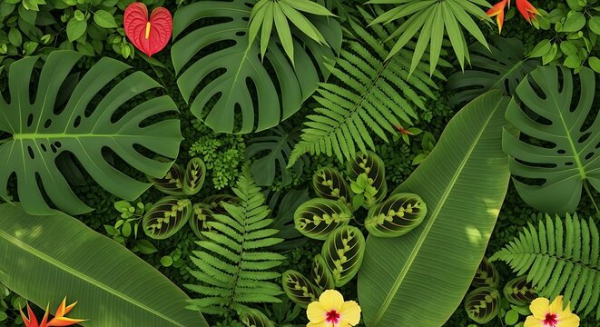 Tropical jungle foliage with exotic plants.