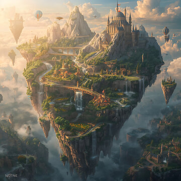 Islands heart shape floating world showing love with medieval castles and waterfalls creating magical warm golden sunrise fantasy atmosphere generative AI