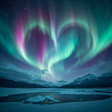 Aurora heart shape night sky showing love with waves of colorful luminous light creating magical frozen landscape cinematic surreal beauty generative AI