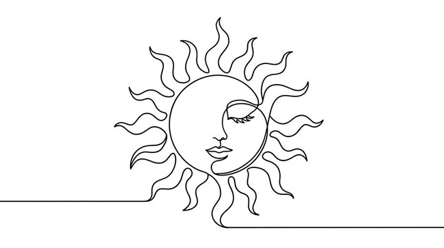 Continuous single line art drawing of a sun with a serene female face profile inside the circle continuous minimalist portrait