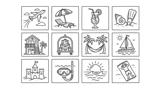Set of travel and vacation icons in hand drawn sketch style on white background with vacation adventure transport cocktail