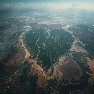 River heart shape aerial continent landscape showing love with mountains forests and deserts creating breathtaking cinematic fantasy environment wonder generative AI