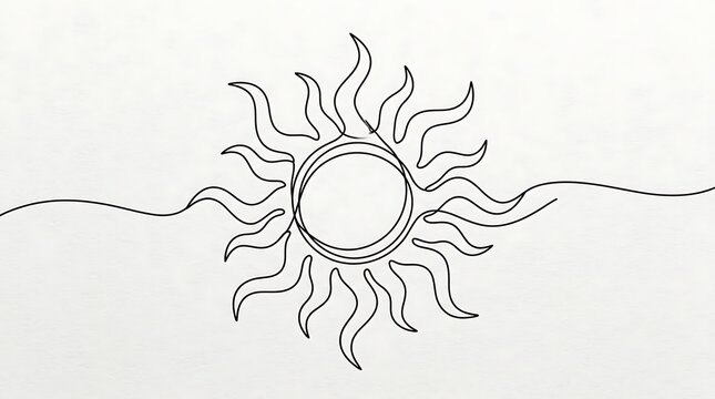 Minimalist single continuous line drawing of a stylized sun with wavy rays on a white background continuous minimalist celestial