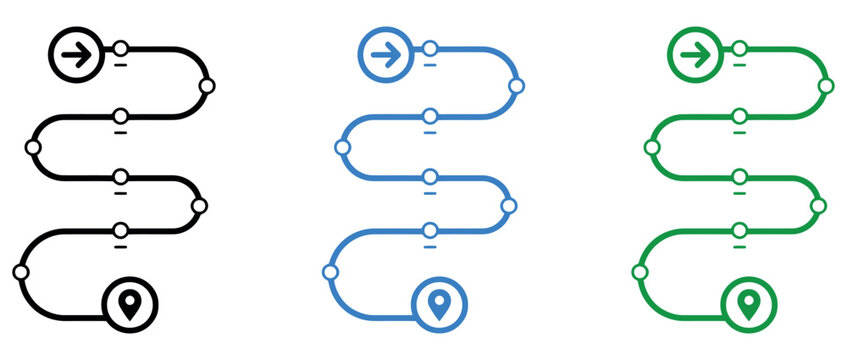 Three colorful vector roadmap process flow diagrams with navigation icons on white background.