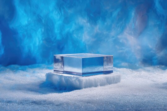 Small Product Ad Podium Crystal-clear ice empty podium winter-themed backdrop frosty glow small product placement ethereal and cool tones