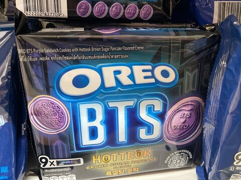 Negeri Sembilan, Malaysia - June 19, 2026: Close up shot of a package of limited edition Oreo BTS collaboration purple sandwich cookies with Hotteok brown sugar pancake flavor on a store shelf.