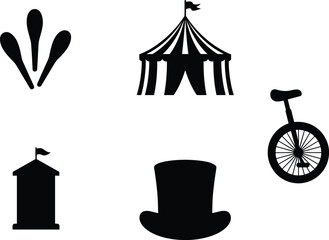 Silhouette icons of juggling clubs circus tent unicycle ticket booth and top hat isolated on white background © ROUNOK