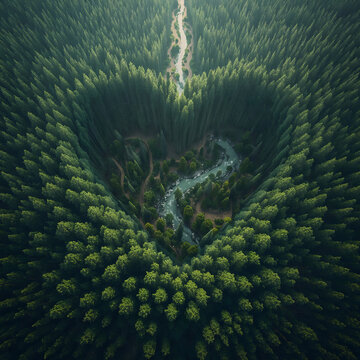 Forest heart shape trees growing landscape showing love with flowing rivers and pathways creating magical surreal dreamlike fantasy atmosphere generative AI
