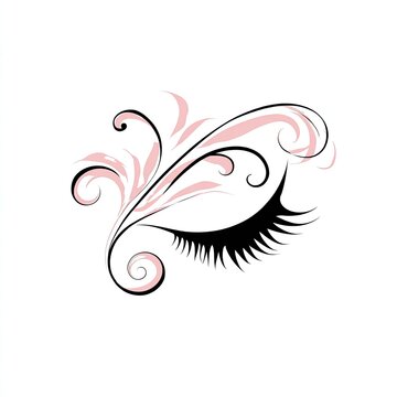 A feminine eyelash logo with delicate swirls soft pink and black beauty salon elegance isolated on white background