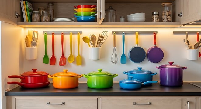 Colorful cooking pots and kitchen utensils organized on a modern home kitchen counter. rainbow kitchen essentials