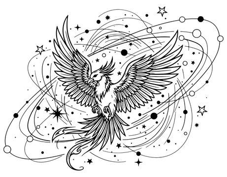 Mythical phoenix bird flying in space with abstract stars and planets celestial line art illustration magical firebird sketch black and white vector design