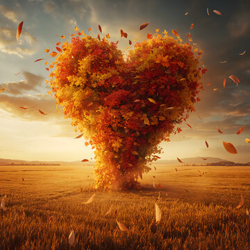 Tornado heart shape autumn leaves dancing landscape showing love with colorful foliage and dramatic lighting creating magical peaceful dreamlike wonder generative AI