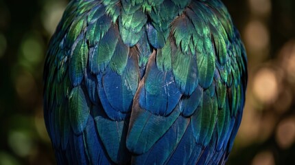 Obraz premium Close up of peacock feather plumage showing layered iridescent blue and green details on bird back in natural outdoor wildlife setting