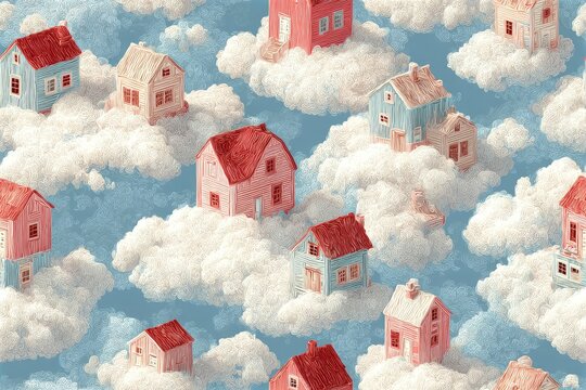 Fabric texture seamless pattern background Surreal Floating Houses Miniature homes drifting among clouds in a dreamy storybook aesthetic