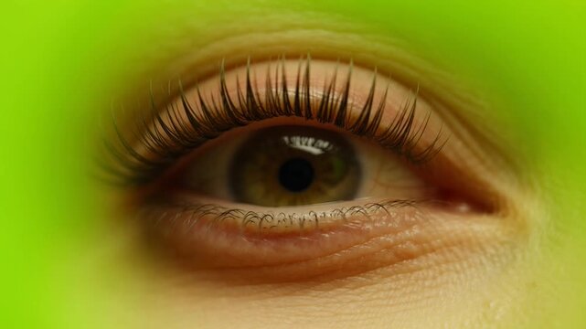 Macro shot of a human eye opening and closing against a bright green screen background.