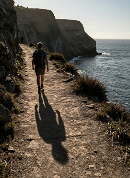 Captures Solitary Figure Walking Along Narrow Dirt Path Hugs Edge Of Steep Cliff Overlooking Expansive Body Water Sea Given Vastness Waves In Distance