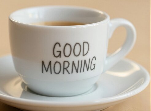 White Ceramic Cup With Phrase Good Morning Written In Bold Black Letters On Side Filled To Tea Coffee Judging By Amber Color Of