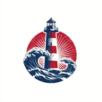 A nautical lighthouse logo with ocean waves vintage sailor aesthetic navy and red colors isolated on white background
