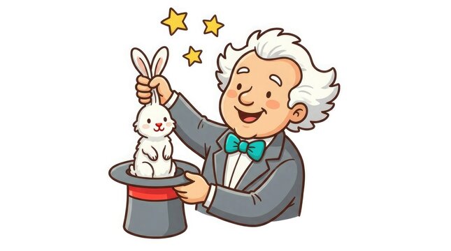 Cartoon magician performing rabbit trick with top hat and stars