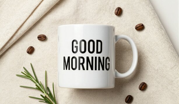 White Ceramic Mug With Phrase Good Morning Printed In Bold Black Letters On Side Placed Centrally Against Textured Beige Fabric Background Suggest