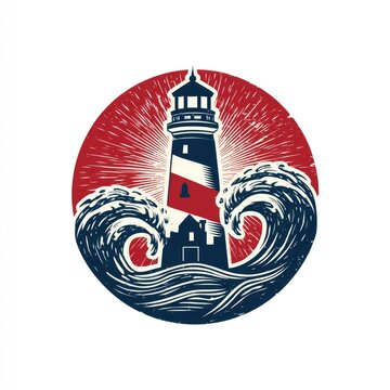A nautical lighthouse logo with ocean waves vintage sailor aesthetic navy and red colors isolated on white background
