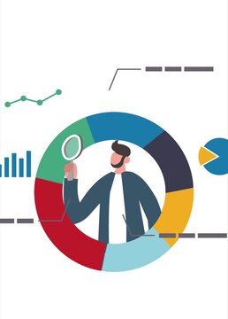 Business analysis with various diagrams displayed. Flat and modern two-dimensional design.