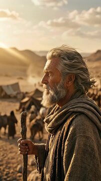 Venerable patriarch shepherd: Moses lead, Israelite people, wilderness trek, desert journey, strong faith, sacred theology, biblical destiny, divine promise, ancient wander, holy guidance.