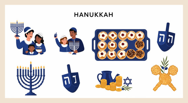 Flat Illustration of Hanukkah Jewish Holiday Symbols Collection.