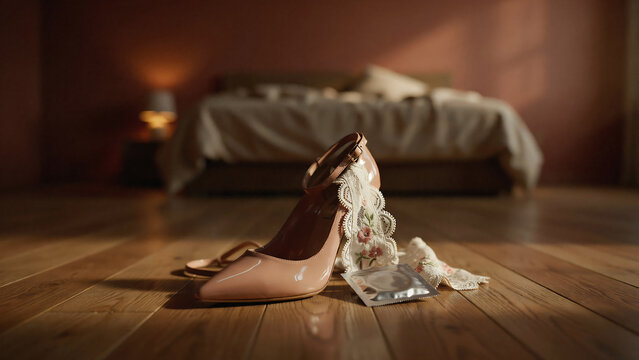 Elegant pink high heel shoe with white lace lingerie and a silver condom foil packet discarded on a wooden bedroom floor after romantic night encounter