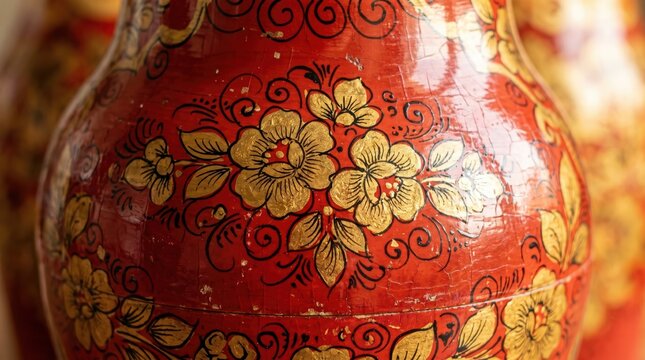Red lacquered vase with gold floral painting and ornamental scrollwork, close up of decorative folk art surface showing worn paint, lacquer texture and floral motif detail