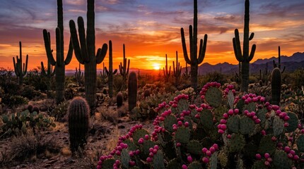 Naklejka premium Desert landscape with saguaro and prickly pear cacti at vibrant sunset, sprawling cactus field and silhouetted mountains conveying warm dramatic dusk in arid wilderness