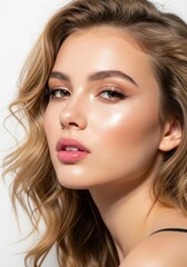 Fototapeta premium Beautiful Young Woman with Perfect Glowing Skin and Natural Makeup Portrait for Beauty and Skincare Concept