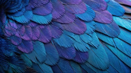 Obraz premium Macro view of purple and blue bird feathers with layered scales and soft iridescent tones; detailed plumage texture emphasizing vane edges and overlapping patterning