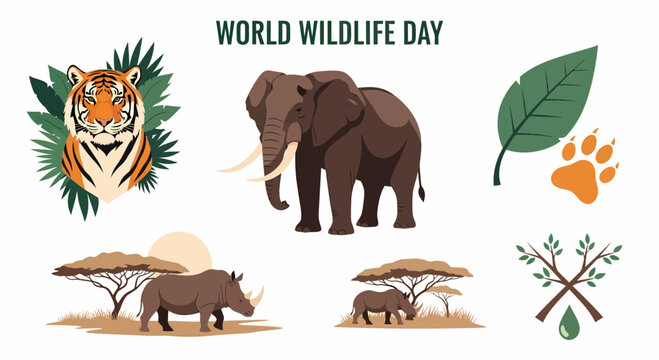 Flat Illustration of Wildlife animals on World Wildlife Day.