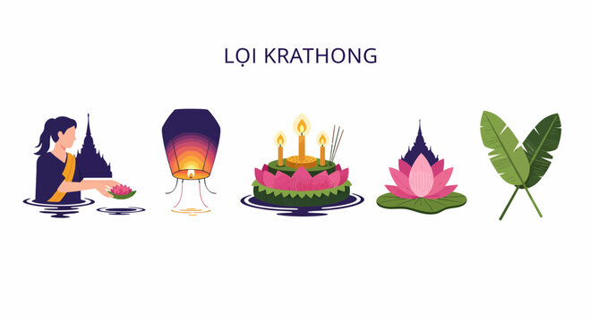 Woman Releasing Floating Lanterns Loi Krathong.