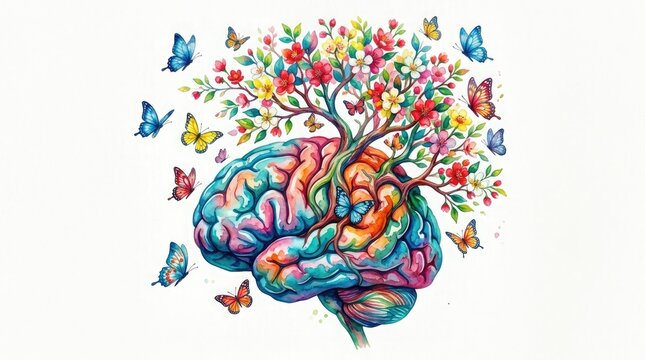 Vibrant brain illustration with tree and butterflies