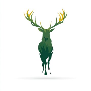 A majestic deer logo with antlers in silhouette forest green and gold nature-inspired elegant and strong isolated on white background