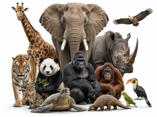 Obraz premium diverse group of wild animals from various habitats, including mammals, reptiles, and birds, showcased against a white background.