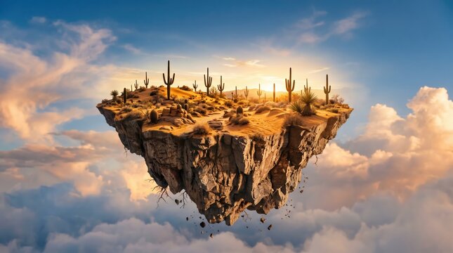 Floating desert island with cacti breaking away above clouds at golden hour, rocky plateau with falling debris and warm sunrise glow in dramatic surreal scene