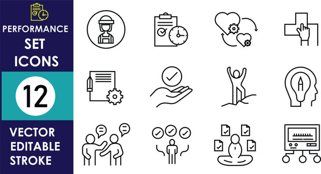 Vector icon set illustrating employee performance management, appraisal, feedback, achievement tracking, skills assessment, workforce evaluation, recognition, productivity, and development.