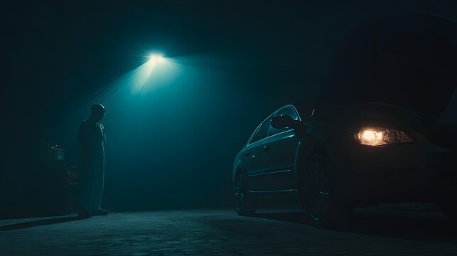 wearing blue uniform inspecting car engine components under bright workshop lights