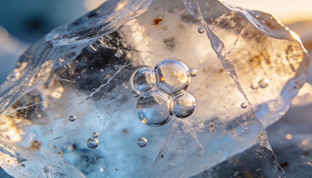 Abstract texture of frozen ice block with trapped bubbles close up.