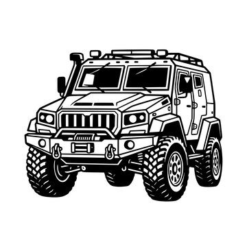 Military Armored Off-Road Tactical Vehicle Black and White Line Art Illustration