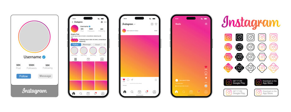 Instagram Mockup mobile smartphone screens, profile, story, reels, web, icon, logo